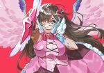  1girl arm_up breasts brown_hair buttons cowboy_shot e.g.o_(project_moon) feathered_wings frilled_skirt frills hair_ornament heart heart_hair_ornament holding holding_wand in_the_name_of_love_and_hate_(e.g.o) large_breasts layered_skirt limbus_company long_hair mismatched_sclera outis_(project_moon) pink_skirt pink_vest pleated_skirt project_moon ranya_(artiraia) red_background shirt simple_background skirt solo very_long_hair vest wand white_shirt wings 