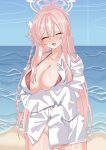  1girl absurdres beach bikini bikini_under_clothes blue_archive blue_sky blush bottomless breasts cleavage commentary_request cosplay day embarrassed facing_viewer halo hanako_(blue_archive) hanako_(blue_archive)_(cosplay) hanako_(swimsuit)_(blue_archive) highres horizon large_breasts long_hair mimori_(blue_archive) nose_blush ocean open_mouth outdoors oversized_clothes oversized_shirt partially_unbuttoned pink_bikini pink_hair pink_halo rynn_(darknescorez) shirt shirt_tug sky smile solo swimsuit 