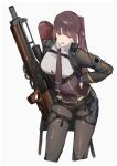  1girl absurdres black_gloves black_jacket black_pantyhose black_shorts breasts brown_corset brown_necktie bullpup button_gap chest_harness collared_shirt corset cropped_legs girls&#039;_frontline girls&#039;_frontline_2:_exilium gloves gun hair_ribbon hand_on_own_hip harness highres holding holding_gun holding_weapon instrument_case jacket large_breasts long_hair looking_at_viewer makiatto_(girls&#039;_frontline_2) necktie open_mouth pantyhose partially_fingerless_gloves partially_unbuttoned ponytail purple_corset purple_hair red_eyes red_necktie red_ribbon ribbon rifle shirt shorts side_ponytail simple_background sniper_rifle solo sutekina_awa violin_case wa2000_(girls&#039;_frontline) walther walther_wa_2000 weapon white_background white_shirt 