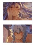  2girls blue_hair blush closed_mouth collarbone commentary ganyu_(genshin_impact) genshin_impact hand_on_another&#039;s_face hashtag-only_commentary highres horns keqing_(genshin_impact) long_hair multiple_girls nude parted_lips purple_eyes purple_hair sweat tapeanna yuri 