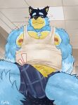 absurd_res anthro bandit_heeler belly biceps big_chest blue_body blue_fur bluey_(series) body_hair bulge canid canine canis clothing digital_drawing_(artwork) digital_media_(artwork) digital_painting_(artwork) domestic_dog erection erection_under_clothing eyebrows fluffy fluffy_tail fur furuo hands_behind_back hi_res looking_at_viewer looking_down looking_from_above low-angle_view male mammal multicolored_body musclegut muscular muscular_anthro muscular_male navel nipples painting_(artwork) shirt simple_background slightly_chubby slightly_chubby_male smile smiling_at_viewer smirk smirking_at_viewer t-shirt tail tank_top text topwear underwear vein veiny_arms veiny_muscles