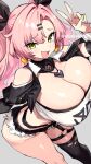  1girl bare_shoulders black_collar black_jacket black_ribbon black_shorts black_sleeves blue_nails blush breasts cleavage collar detached_collar fang fingernails green_eyes green_nails grey_background hair_ornament hair_ribbon hairclip heart_collar highres huge_breasts jacket long_hair mole mole_on_breast mole_on_thigh mole_under_eye nail_polish nicole_demara open_mouth pink_hair pink_nails ribbon shigatsu_shizuki shorts simple_background skin_fang smile solo strapless thighs tube_top v white_tube_top zenless_zone_zero 