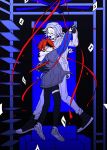  2boys :d ^_^ absurdres ahoge aotsuki_eito black_gloves black_pants black_shoes black_streaks blue_eyes blue_jacket blush ceiling_fan chinese_commentary closed_eyes couch crying crying_with_eyes_open door glasses gloves grey_hair grey_jacket hand_on_another&#039;s_back highres holding holding_hands holding_sword holding_weapon hood hoodie impaled interlocked_fingers jacket jacket_over_hoodie male_focus multicolored_hair multicolored_jacket multiple_boys pants paper red_hair self-harm shoes short_hair smile spoilers streaked_hair streamers sumino_takumi sword tears the_hundred_line_-last_defense_academy- tuzhang629 two-tone_jacket weapon white_hoodie white_jacket white_pants white_shoes 