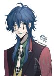  1boy blazer blue_hair blue_lips bolo_tie closed_mouth clown commentary_request crossed_bangs eyeshadow green_shirt hair_between_eyes highres jacket ju_(mahjong_soul) long_bangs long_hair looking_at_viewer mahjong_soul makeup male_focus necktie red_eyeshadow red_jacket shirt simple_background smile solo teardrop_facial_mark tetra_c_xxx twitter_username upper_body vest watermark white_background white_necktie yellow_vest 