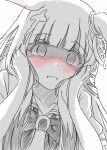  1girl @_@ animal_ears blush chrono_genesis_(umamusume) collarbone commentary_request hair_between_eyes hair_ornament hands_on_own_cheeks hands_on_own_face highres horse_ears horse_girl looking_at_viewer monochrome open_mouth portrait scene_reference school_uniform simple_background solo take20131004 tracen_school_uniform umamusume white_background 