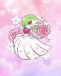  blush bob_cut bug butterfly chibimusume colored_skin dress elbow_gloves flower gardevoir gloves green_hair hair_over_one_eye highres mega_gardevoir mega_pokemon petals pink_eyes pink_flower pink_petals pink_rose pokemon pokemon_(creature) rose signature sparkle white_dress white_gloves white_skin 