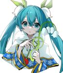  1girl absurdres aqua_eyes aqua_hair aqua_nails artist_name capelet commentary cropped_torso flower fur-trimmed_capelet fur_trim gold_trim green_ribbon hair_flower hair_ornament hatsune_miku highres holding holding_flower lily_of_the_valley looking_at_viewer myuga66666 parted_lips ribbon snowflake_print solo treble_clef twintails upper_body vocaloid white_background white_capelet white_flower yuki_miku yuki_miku_(2015) 
