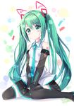  2016 :&lt; artist_name blush dated detached_sleeves green_eyes green_hair hatsune_miku highres long_hair looking_at_viewer namuya_(dlcjfgns456) necktie sitting skirt solo thighhighs twintails very_long_hair vocaloid 