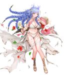  1girl bikini blue_hair body_markings braid breasts cornucopia damaged fire_emblem fire_emblem_heroes heidrun_(fire_emblem) heidrun_(summer)_(fire_emblem) highres large_breasts long_hair nectar non-web_source official_alternate_costume official_art parted_lips red_eyes sandals solo swimsuit torn_clothes very_long_hair white_bikini 
