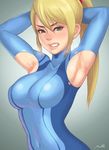  armpit_cutout armpits arms_behind_head arms_up bad_id bad_pixiv_id blush bodysuit breasts commentary_request covered_navel eyebrows eyeliner full-face_blush green_eyes highres large_breasts lips long_hair makeup maou_alba metroid mole mole_under_mouth nose samus_aran scrunchie skin_tight solo sweat torn_bodysuit torn_clothes zero_suit 