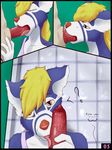  2016 animal_genitalia anthro balls bathroom canine clothed clothing comic digital_media_(artwork) erection fellatio female fur hair looking_at_viewer male male/female mammal mevisto open_mouth oral penis sex simple_background smile tongue tongue_out wc 