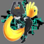 1:1 armor bent_over big_butt black_body blue_markings blush blush_lines breasts butt clothing eyelashes featureless_breasts female front_view fused_shadow gesture gomi_draws grey_background grey_body hair hand_gesture headgear headwear helmet hi_res humanoid humanoid_pointy_ears imp long_hair looking_at_viewer markings midna navel nintendo ok_sign one_eye_obstructed orange_hair pointy_ears ponytail prehensile_hair red_eyes simple_background smile solo the_legend_of_zelda thick_thighs twili twilight_princess wide_hips yellow_sclera