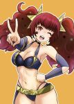  1girl ;d absurdres alternate_costume alternate_hairstyle armpits bikini bikini_day black_bikini breasts cianter cleavage facial_mark fire_emblem fire_emblem_engage hair_ornament hashtag-only_commentary highres large_breasts long_hair looking_at_viewer one_eye_closed open_mouth red_eyes red_hair smile solo star_(symbol) star_facial_mark star_hair_ornament swimsuit thighs twintails v yunaka_(fire_emblem) 