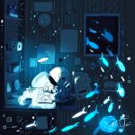  1other absurdres artist_name astronaut backpack bag book cellphone clock commentary cup dark desk desk_lamp dice fish flying_fish from_side gloves helmet highres holding holding_pen kazunoko_(kazunoko_zunoco) lamp night notebook on_stool open_book original other_focus pen phone poster_(object) radio_antenna rocket_ship shelf signature sitting smartphone solo space_helmet spacecraft star_(sky) stool tea teacup wall_clock wall_shelf wallpaper_(object) white_gloves window writing 