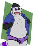  2016 anthro bear belly black_nose clothed clothing digital_media_(artwork) eye_markings eyes_closed front_view kaine_graves lazycookieburr male mammal markings navel overweight panda signature solo 