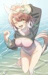  1girl absurdres animal_ears arm_up black_jacket breasts brown_hair buckwheat638478 cleavage covered_navel cropped_jacket dantsu_flame_(umamusume) grey_hair hand_up highres horse_ears horse_girl horse_tail jacket large_breasts light_rays long_sleeves looking_at_viewer medium_hair multicolored_hair one-piece_swimsuit one_eye_closed open_mouth pink_one-piece_swimsuit smug solo swimsuit tail teeth turtleneck turtleneck_one-piece_swimsuit umamusume upper_teeth_only white_background yellow_eyes 