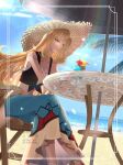  1girl beach bikini bikini_under_clothes blonde_hair blue_sarong breasts brown_hat chair closed_mouth crop_top cup cynthia_(pokemon) cynthia_(summer_2025)_(pokemon) flower grey_eyes hair_over_one_eye hat highres long_hair navel official_alternate_costume outdoors palm_tree pokemon pokemon_masters_ex sakaralalala sarong shirt sitting sky smile solo straw_hat sun_hat swimsuit table tied_shirt tree umbrella very_long_hair 