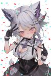  1girl absurdres animal_ears black_corset black_gloves black_skirt blue_eyes blush breasts chest_strap cleavage_cutout closed_mouth clothing_cutout confetti corset diamond_in_eye double_v fox_ears fox_girl fox_tail frilled_shirt frilled_wrist_cuffs frills gloves grey_hair hair_ornament hairclip heterochromia highres indie_virtual_youtuber kararage_tsune large_breasts looking_at_viewer necktie parted_bangs pink_eyes pleated_skirt purple_necktie second-party_source shirt short_hair short_necktie sidelocks skirt sleeveless sleeveless_shirt solo tail ururu_uru v virtual_youtuber white_background white_shirt wrist_cuffs 