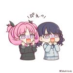  2girls @_@ aoi_nadeshiko berude black_jacket black_skirt blazer commentary_request cropped_torso dress_shirt fukumaru_koito gakuen_idolmaster gokugetsu_academy_school_uniform grey_jacket grey_skirt holding holding_own_hair idolmaster idolmaster_shiny_colors in-franchise_crossover jacket multiple_girls school_uniform shirt simple_background skirt tears translation_request turn_pale twintails twitter_username white_background white_shirt 