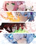  2boys 2girls absurdres black_hair blue_hair blunt_bangs blush cherry_blossoms closed_mouth commentary_request fubuki_(rune_factory) glasses green_eyes hair_between_eyes hair_over_one_eye highres holding holding_instrument instrument kurama_(rune_factory) leaf looking_at_viewer matsuri_(rune_factory) mole mole_under_eye multicolored_hair multiple_boys multiple_girls oil-paper_umbrella parted_lips petals pink_hair red_hair rune_factory rune_factory:_guardians_of_azuma seasons smile snowflakes twitter_username ulalaka umbrella usako_(usako1031) 