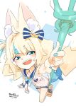  1girl absurdres ahoge animal_ears anmc blonde_hair blue_bow blue_eyes blue_hair blue_nails bow cat_ears dress fins fish_girl fish_tail hair_bow highres holding holding_polearm holding_weapon indie_virtual_youtuber lifebuoy_hair_ornament long_hair low_twintails multicolored_hair nail_polish one_side_up polearm sameko_saba short_shorts shorts sleeveless sleeveless_dress smile solo streaked_hair tail teeth twintails upper_teeth_only very_long_hair virtual_youtuber weapon white_dress white_shorts 