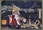  1girl animal animal_ears bell blonde_hair blush blush_stickers border bow closed_eyes cloud cloudy_sky commentary_request crescent_moon dirt_road facing_ahead fence flat_chest fox fox_ears fox_girl fox_tail from_side geta hair_bell hair_ornament hakama hand_up holding holding_lantern japanese_clothes kitsune lantern leaf long_sleeves miko moon night okuribi original paper_lantern ponytail red_hakama road sidelocks sky stone_lantern susuki_grass tail translated tree waist_bow walking whiskers 