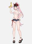  1girl alternate_costume bikini blue_hair blush breasts green_eyes hand_on_own_hip highres honkai:_star_rail honkai_(series) horned_hat large_breasts long_hair micro_shorts midriff multicolored_hair navel oyasuuu_m paint pink_hair platform_sandals ponytail rappa_(honkai:_star_rail) red_bikini red_nails sandals see-through_clothes see-through_shirt shirt shorts smile streaked_hair swimsuit thong tied_shirt toned toned_female torn_clothes torn_shorts very_long_hair water_gun wet wet_clothes wet_shirt 