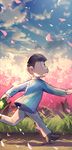  bag brown_hair cherry_blossoms highres male_focus matsuno_choromatsu mebaru osomatsu-kun osomatsu-san petals running solo spring_(season) sweatdrop tree 