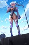  1girl absurdres ahoge artist_name black_gloves black_leotard blue_sky bodysuit boots breasts cleavage cleavage_cutout clothing_cutout cloud covered_mouth covered_navel day detached_sleeves from_below full_body gloves glowing glowing_eyes grey_hair hair_between_eyes highleg highleg_leotard highres humanization hydrasia_(natsukaze_shigure) impossible_bodysuit impossible_clothes large_breasts leotard long_hair looking_at_viewer magical_girl medium_breasts natsukaze_shigure original outdoors pink_eyes red_eyes signature skin_tight skindentation sky solo standing thigh_boots thighhighs thighs twintails underboob_cutout variant_set white_hair 