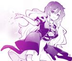  1girl commentary_request cowboy_shot cross-laced_clothes cross-laced_dress dress gradient_hair hijiri_byakuren layered_dress long_hair looking_at_viewer monochrome multicolored_hair open_mouth purple_theme simple_background smile solo tanasuke touhou very_long_hair wavy_hair 
