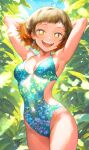  1girl arms_up blue_one-piece_swimsuit blue_sky breasts brown_hair day earrings fangs gradient_hair jewelry kimetsu_no_yaiba looking_at_viewer multicolored_hair one-piece_swimsuit open_mouth orange_hair outdoors sky small_breasts solo susamaru_(kimetsu_no_yaiba) swimsuit teeth upper_teeth_only yuki_(nyge2252) 