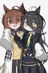  2girls absurdres agnes_tachyon_(umamusume) ahoge arm_around_waist belt black_belt black_choker black_coat black_gloves black_hair black_pantyhose black_shirt black_skirt brown_hair chemical_structure chibi choker coat collared_shirt commentary_request ear_tag earrings gloves hair_between_eyes hand_up hem_peeking_out highres jewelry lab_coat long_hair long_hair_between_eyes manhattan_cafe_(umamusume) medium_hair multicolored_hair multiple_girls necktie open_clothes open_coat open_mouth pantyhose parted_lips pleated_skirt red_eyes shirt short_hair simple_background single_earring skirt sleeves_past_fingers sleeves_past_wrists smile teeth test_tube umamusume upper_teeth_only user_amgc4352 v very_long_hair white_background white_coat yellow_eyes yellow_necktie 