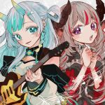  2girls animal_ears aqua_eyes aqua_hair aqua_nails braid chikafuji_lisa chromashift colored_eyelashes eva_ananova grey_hair guitar hair_ornament highres holding holding_guitar holding_instrument horns instrument ketuusage2 long_hair multicolored_hair multiple_girls musical_staff open_mouth own_hands_together purple_eyes red_hair sheep_ears sheep_girl sheep_horns smile streaked_hair virtual_youtuber vyvid x_hair_ornament 