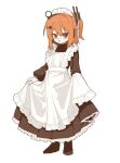  1girl a.i._voice adachi_rei alternate_costume apron black_dress commentary dress enmaided frilled_apron frilled_dress frills full_body highres kuuurusuke long_sleeves looking_at_viewer maid maid_apron maid_headdress medium_hair one_side_up orange_eyes orange_hair simple_background skirt_hold solo standing utau white_apron white_background 