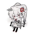  1girl argyle_clothes argyle_dress black_pantyhose black_ribbon blush_stickers chibi chibi_only chinese_commentary closed_mouth colored_eyelashes commentary_request commission crossed_bangs dress expressionless full_body hair_between_eyes hair_ribbon hat highres jin_fang_jintian_gu_le_ma jitome long_sleeves neck_ribbon original pantyhose red_eyes red_ribbon red_shoes ribbon shoes short_hair_with_long_locks sidelocks sleeves_past_fingers sleeves_past_wrists solo watermark white_background white_dress white_hair white_hat 
