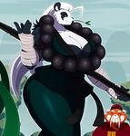  anthro bear belt big_breasts breasts chinese_clothing cleavage clothed clothing digital_media_(artwork) facial_hair female fur hair hat huge_breasts larger_female long_hair looking_at_viewer male mammal mustache panda red_panda robe size_difference smaller_male smile sssonic2 staff standing thick_thighs voluptuous white_fur white_hair wide_hips 