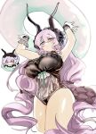 1girl arknights black_bow bow breasts chibi highres holding holding_swim_ring horns large_breasts long_hair one-piece_swimsuit purple_eyes purple_hair renka_(renxka) swim_ring swimsuit thighs typhon_(arknights) typhon_(temperature_difference)_(arknights) 