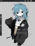  1girl art_program_in_frame ascot black_eyes black_jacket black_ribbon blue_hair braid brown_sweater_vest chinese_commentary closed_mouth collared_shirt colored_skin commentary_request cropped_torso expressionless flower grey_background hair_ribbon hand_up highres hood hood_down hooded_jacket jacket jin_fang_jintian_gu_le_ma long_sleeves medium_hair mole mole_under_eye multiple_moles original procreate_(medium) procreate_(software) ribbon sample_watermark shirt solo sweater_vest watermark white_ascot white_flower white_shirt white_skin 
