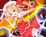  ascot blonde_hair danmaku dutch_angle fang flandre_scarlet frilled_shirt_collar frilled_skirt frilled_vest frills hat hat_ribbon looking_at_viewer magic_circle merukiarisu mob_cap open_mouth outstretched_arm red_eyes red_ribbon red_skirt red_vest ribbon short_sleeves side_ponytail skirt smile solo torn_clothes torn_sleeves touhou vest white_hat wings 