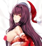  bare_shoulders bed_sheet blush breasts breasts_outside censored elbow_gloves eyebrows eyebrows_visible_through_hair fate/grand_order fate_(series) from_above from_behind fur_trim gloves hair_intakes hat hews_hack highres large_breasts long_hair looking_back purple_hair red_eyes red_gloves red_hat santa_gloves santa_hat scathach_(fate)_(all) scathach_(fate/grand_order) shiny shiny_skin sideboob solo upper_body very_long_hair 