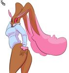  bottomless breasts brown_fur butt clothed clothing female fur headphones immortalstar jacket lopunny nintendo pink_fur pok&eacute;mon pok&eacute;morph red_eyes shiny_pok&eacute;mon simple_background smile solo video_games white_background 