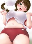  blush bouncing_breasts breasts brown_hair buruma glasses green_eyes gym_uniform hair_bobbles hair_ornament kozue_akari large_breasts looking_at_viewer midriff navel no_bra one_eye_closed open_mouth original outstretched_wrists solo volleyball 