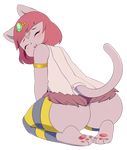  3_toes all_fours armband berseepon09 butt cat clothed clothing cute eyes_closed feline female hair jewlery legwear looking_back mammal open_mouth partially_clothed pawpads pink_hair raised_tail rear_view smile solo stockings teeth toes tongue 