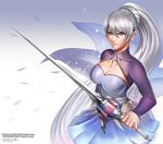  alternate_breast_size artist_name badcompzero blue_eyes breasts cleavage dress earrings holding holding_sword holding_weapon jewelry large_breasts left-handed long_hair myrtenaster no_scar ponytail rapier rwby signature silver_hair solo sword tiara watermark weapon web_address weiss_schnee 