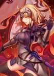  black_gloves black_legwear blonde_hair breasts fate/grand_order fate_(series) gloves helmet highres jeanne_d'arc_(alter)_(fate) jeanne_d'arc_(fate)_(all) large_breasts looking_at_viewer sheath sheathed short_hair smile solo sword thighhighs torn_clothes tsuki_suigetsu weapon yellow_eyes 