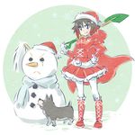  animal christmas eyebrows_visible_through_hair full_body highres iesupa pantyhose ruby_rose rwby santa_costume shovel snowman zwei_(rwby) 