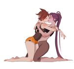  bangs bare_shoulders barefoot body_blush boyshorts brown_hair brown_shirt capri_pants closed_eyes crop_top freckles hand_on_another's_head harness hug kneeling long_hair multiple_girls orange_shorts overwatch pants perio_67 ponytail purple_hair shirt short_shorts shorts simple_background sleeveless sleeveless_shirt swept_bangs tank_top tracer_(overwatch) very_long_hair white_background widowmaker_(overwatch) yellow_eyes yuri 