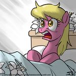  bed blonde_hair earth_pony equine eyelashes flower friendship_is_magic fur hair horse john_joseco lily_(mlp) mammal my_little_pony open_mouth pillow pink_fur plant pony solo teeth tongue yellow_eyes 