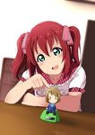  absurdres bangs blush brown_hair chibi green_eyes hair_ribbon highres koizumi_hanayo kurosawa_ruby love_live! love_live!_school_idol_project love_live!_sunshine!! open_mouth otonokizaka_school_uniform plaid_collar plaid_trim red_hair ribbon school_uniform shiokazunoko shirt smile solo twintails two_side_up 