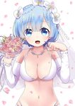  :o bangs bead_necklace beads bikini_top blue_eyes blue_hair blush bouquet breasts bride cleavage collarbone crying crying_with_eyes_open detached_sleeves eyebrows eyebrows_visible_through_hair eyelashes flower hair_beads hair_flower hair_ornament hairband highres jewelry large_breasts looking_at_viewer mako_dai_ni-dai navel necklace paw_pose petals pink_flower pink_rose re:zero_kara_hajimeru_isekai_seikatsu rem_(re:zero) ribbon rose short_hair solo stomach strap_gap swimsuit tears upper_body veil wedding white_background white_bikini_top white_flower x_hair_ornament 